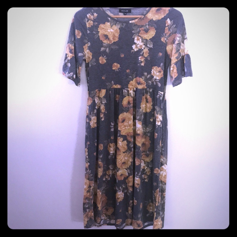 Roolee Olive Green Floral Midi Dress with Mustard Yellow Roses